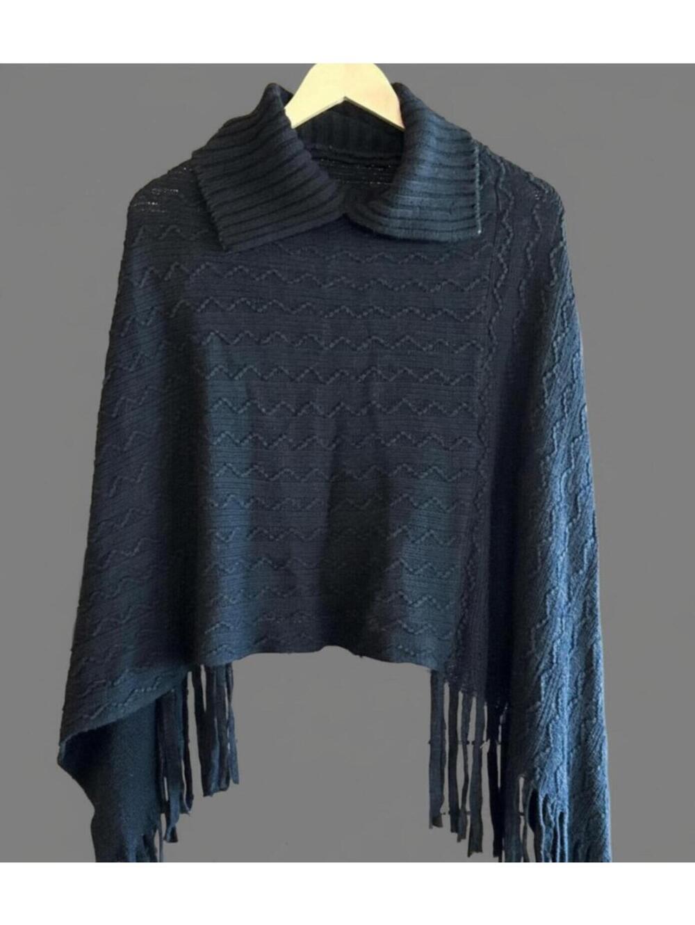 C Mode Boho Black Cable Knit Fringe Crop Sweater Poncho One Size Hippie